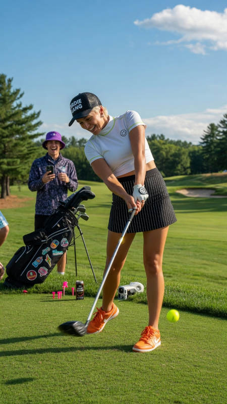 A golfer mid-swing on a manicured tee box