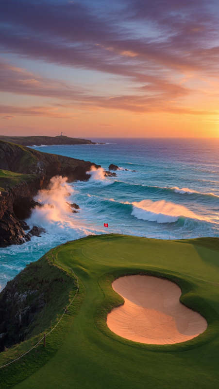A clifftop green above breaking surf at sunset